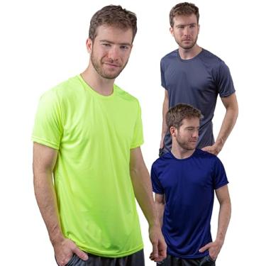 Imagem de Kit 3 Camisetas Dry-Fit Com Proteção UV 50+ Manga Curta Térmica Tecido Termodry Academia Secagem Rápida - Amarelo Neon, Marinho, Chumbo - M