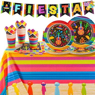 Imagem de JOYIN 82PCS Fiesta Tableware Set, Mexican Party Supplies Packs for Cinco De Mayo Table Decorations, Fiest Themed Dessert Plates Fiesta Party Napkins Forks, Carnivals Event, Dia De Muertos Festivals