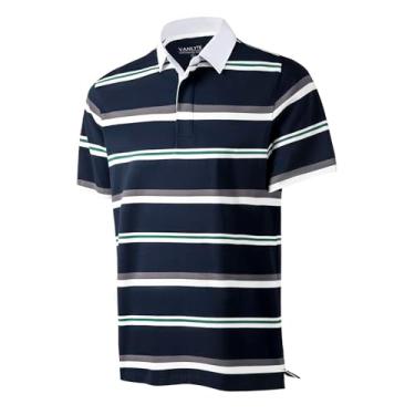 Imagem de VANLYTK Camisas polo masculinas listradas, manga curta, algodão, piquê, casual, rúgbi, gola seca, camisas de golfe masculinas, Azul marinho e cinza listrado, GG