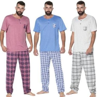 Imagem de KIT 3 Pijama Masculino Com Bolso Bella Fiore Manga Curta Calça Longa Estampada Linha Noite-Masculino