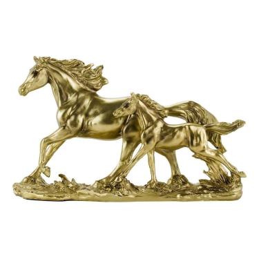 Imagem de Enfeite Rack Estante Sala Cavalos Mãe Filhote Dourados 26cm