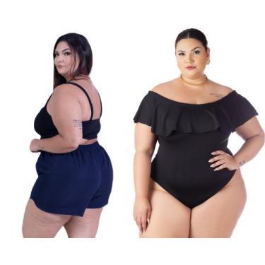 Imagem de Kit Short Feminino Plus Size Saída De Praia + Body Babado Ciganinha Co
