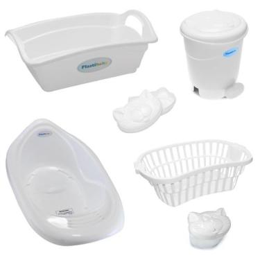 Imagem de Kit banho bebe banheira + cesto lixeira saboneteira e outros branco - 