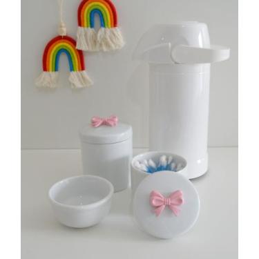 Imagem de kit Higiene Bebê Potes K022 Rosa Cotonete Algodão Limpeza Porcelana Mu