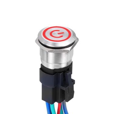 Imagem de DMiotech Interruptor de botão de travamento de aço inoxidável de 7/8 polegadas, cabeça chata, 15A, 12-24 V, concha prateada de 6 pinos com soquete de cabo, interruptor vermelho LED 1NO1NC para