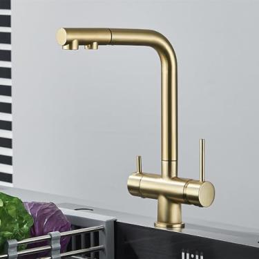 Imagem de Torneira de cozinha retrátil de latão cromado com filtro, alça dupla, água potável quente e fria, filtro de 3 vias, torneiras misturadoras de purificação, ouro escovado