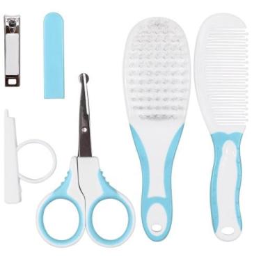 Imagem de Kit higiene cuidados bebê tesoura cortador escova pente buba - azul