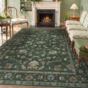 Imagem de Hedlive Tapete vintage verde escuro para quarto 20 x 25 cm sob a cama, tapetes florais laváveis para sala de estar, tapete macio para área grande, tapete boho para sala de jantar, casa de fazenda