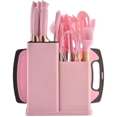 Imagem de Utensilios para Cozinha Silicone Kit com 19 Peças Cabo Madeira Conjunto Completo Espátula Concha Colher Jogo Suporte Faca Antiaderente Tabua Tesoura Faqueiro (ROSA)