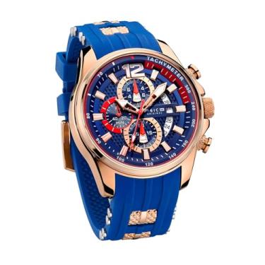 Imagem de FEICE Relógios de pulso masculinos esportivos, à prova d'água, cronógrafo, analógico, quartzo, com pulseira de borracha, moderno, luminoso, relógio de negócios, relógios de luxo para homens FK037, Azul, Relógio de quartzo, cronógrafo