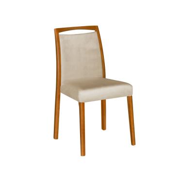 Imagem de Cadeira de Jantar Luxo Estofada Jade Linho Bege Base Madeira Maciça Mel