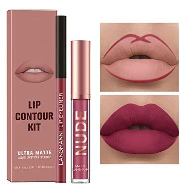 Imagem de MIELIKKI Conjunto de 2 peças de batom líquido fosco e delineador labial, kit de maquiagem para lábios One Step, copo antiaderente + delineador labial, altamente pigmentado, impermeável, de longa