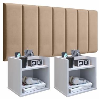 Imagem de Conjunto Cabeceira Casal Modulada 140cm com Kit de Mesa de Cabeceira Suspenso com Porta Celular (Bege - Branco)