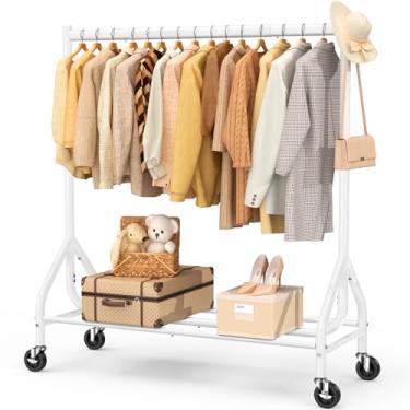 Imagem de EAGMAK Suporte de roupas pesado, 190 kg, 120 cm de comprimento, com rodas traváveis, cabide de metal em pé, organizador de casaco resistente para pendurar roupas (branco)