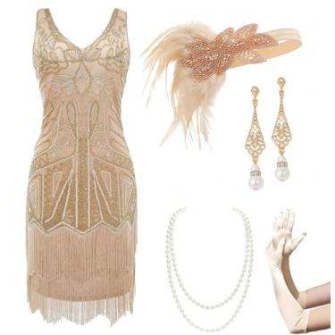 Imagem de BABEYOND Conjunto de vestidos melindrosa da década de 1920 com decote em V e franjas, vestido Gatsby com acessórios, Conjunto - champanhe dourado, P