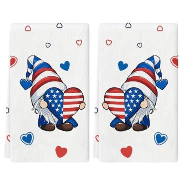 Imagem de Conjunto de 2 toalhas de cozinha de 4 de julho com 2 toalhas de prato de gnomo com bandeira americana, toalhas de chá para cozinha, pano de secagem absorvente de 40 x 71 cm, pano de secagem para