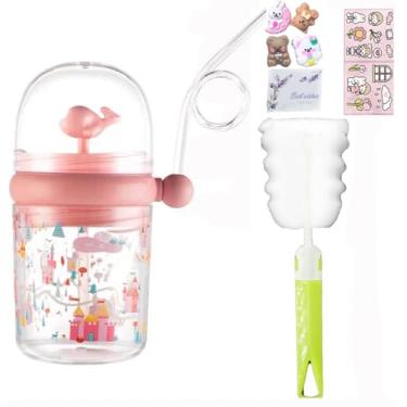 Imagem de Garrafa de água com spray de baleia azul com canudo para viagem, copo de bebida, copo de plástico de desenho animado para festa de piquenique, presente de aniversário (conto de fadas rosa, 250 ml)