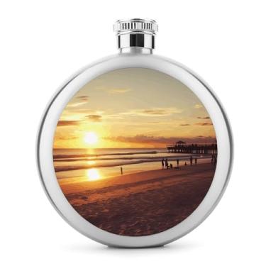 Imagem de Cantil de aço inoxidável, pôr do sol, praia, impressão, frasco, clássico, cantil, garrafa de viagem, garrafa de licor portátil