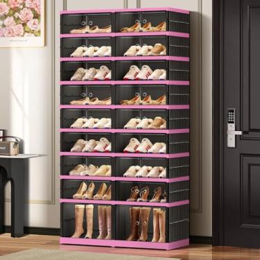 Imagem de CIMLORD Organizador de sapateira dobrável de 9 camadas para armário, 36 pares de prateleiras dobráveis de plástico, armário de sapatos grande com porta, caixa de armazenamento empilhável transparente