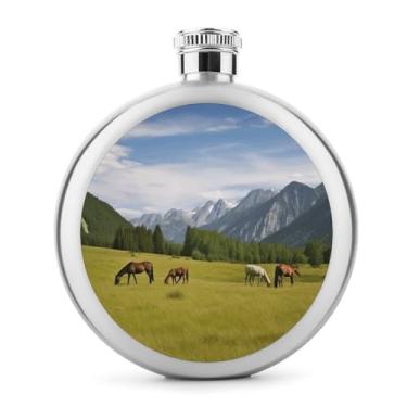 Imagem de Cantil de aço inoxidável, pasto de montanha, cavalos pastagem, impressão, cantil, garrafa de viagem, portátil, garrafa de licor, garrafa de metal