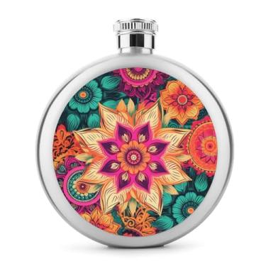 Imagem de Cantil de aço inoxidável, Boho mandala flores coloridas impressão bolso cantil garrafa de viagem garrafa portátil garrafa de licor garrafa de metal
