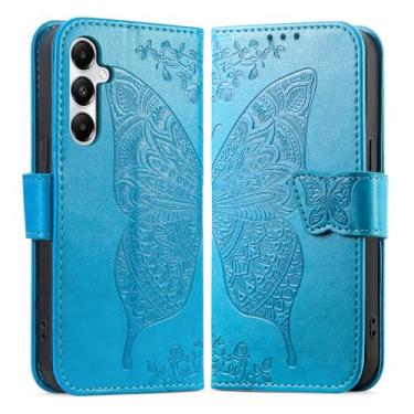 Imagem de DiGPlus Capa carteira para Samsung Galaxy A15, [borboleta e flor em relevo] Capa de couro premium com compartimentos para cartões capa flip com suporte para Samsung Galaxy A15 (azul)