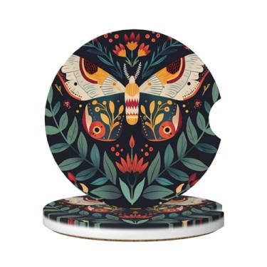 Imagem de Neukim Pacote com 2 porta-copos coloridos com folhas florais de mariposa, porta-copos absorventes de cerâmica antiderrapante de 6 cm com base de cortiça e entalhe de dedo, acessórios de carro