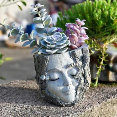 Imagem de Coyoohouse Stump Girl Vaso de Resina para Suculentas - Ornamento Artesanal de Resina para Decoração de Jardim e Pátio de Mesa - Linda Escultura de Rosto Humano, Vaso de Plantas, Presente Ideal para