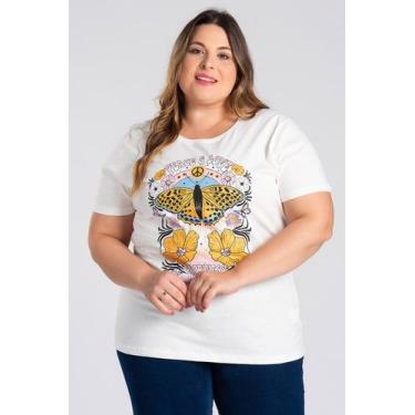 Imagem de T-shirt Feminina Plus Size Malha Algodão Estampada "PEACE & LOVE" - Se