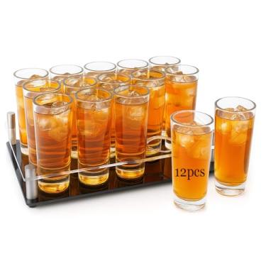 Imagem de Ruckae Conjunto de 12 copos de shot de 59 ml, copos transparentes a granel com bandeja, base pesada, cilindro, copos de vidro para vodka, tequila, uísque, licor, coquetel