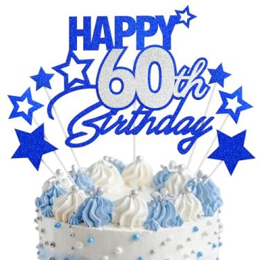 Imagem de Enfeite de bolo de feliz aniversário de 60 anos, decorações de bolo de 60 anos, decorações de bolo de festa de feliz aniversário de 60 anos para homens e mulheres, azul prata