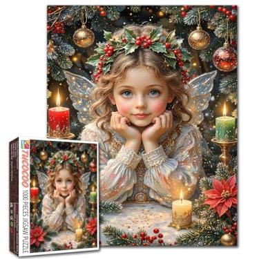 Imagem de Quebra-cabeça de menina anjo de Natal para adultos estudantes 1000 peças cena festiva de inverno de Natal com velas decorações de pinheiro quebra-cabeças temáticos de férias 50 × 68 centímetros