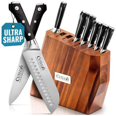 Imagem de Conjunto de Facas em Aço Alemão de alto Carbono com Afiador Embutido e Bloco de Acácia 8 Peças, CUTLUXE ART SET 08 1, Preto