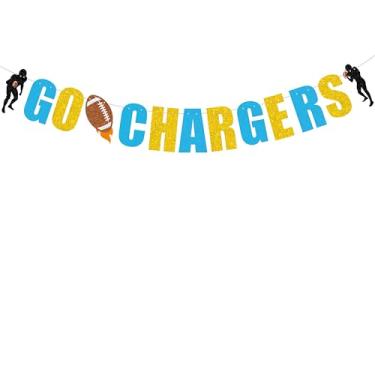 Imagem de Banner Pre Strung Go Charges - Decoração de festa de carregadores, festa do time de futebol, celebração do dia do jogo de futebol, decoração de festa, banner dourado e azul com glitter