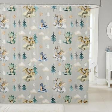 Imagem de jejeloiu Cortina de chuveiro de dragão fofa para decoração de banheiro, cortina de banho de dragão para banheiras, Kawai, acessórios de banheiro nublado, árvore, botânica, impermeável, poliéster