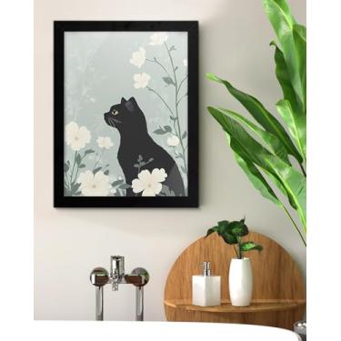 Imagem de Arte de parede de gato floral decoração estética gato branco impressão pôster pintura emoldurada para decoração de casa sala de estar quarto 15 x 20 centímetros