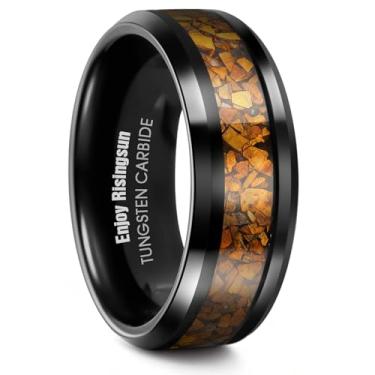 Imagem de Enjoy Risingsun Alianças de casamento masculinas com olho de tigre de tungstênio, anel de noivado com borda chanfrada Blcak anel de compromisso para mulheres e homens, 8 mm de largura, ajuste