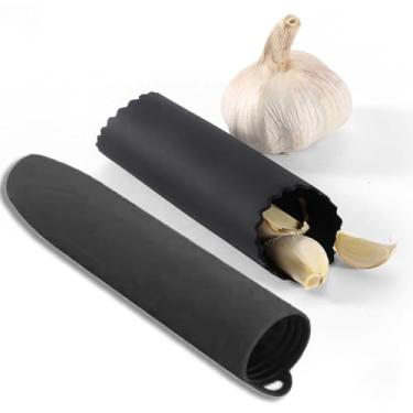 Imagem de Descascador de alho de silicone, 2 peças, rolo de alho preto, contém duas especificações: design de vedação inferior e design de bolinhas de parede interna, com orifícios para pendurar, fácil de