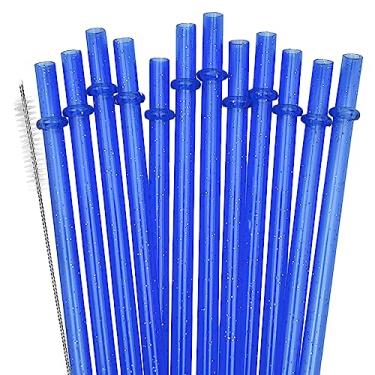 Imagem de Pacote com 12 canudos de plástico reutilizáveis com glitter, canudos duros de 28 cm de comprimento com escova de limpeza, seguro para lava-louças - azul escuro (JCF)