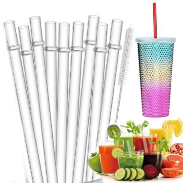 Imagem de 12 canudos reutilizáveis de plástico rígido transparente de 26,6 cm para copos de 453 g - 946 ml, com escova de limpeza