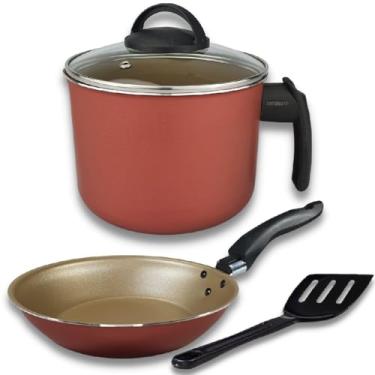 Imagem de Kit Caneco Leiteira Fervedor 16cm e Frigideira Francesa 16cm Alumínio Antiaderente 5 Camadas De Teflon Cereja e Dourado