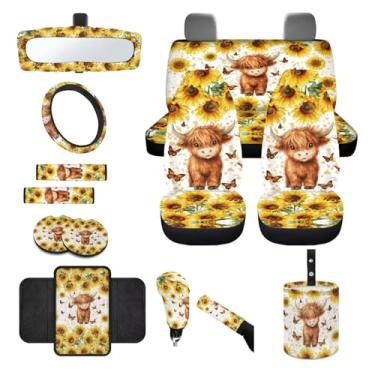 Imagem de Wanyint Linda capa de assento de carro de vaca highland girassol conjunto completo com almofadas de cinto de segurança para volante, porta-copos, porta-copos, espelho retrovisor, conjunto de capa de