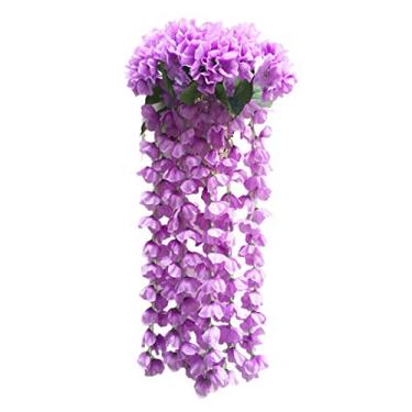 Imagem de Yalych Cesta de flores artificiais de parede violeta glicínias para pendurar guirlanda de pendurar decoração de casa flores artificiais para pendurar ao ar livre flores artificiais (cor: roxo, tamanho