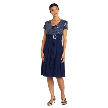 Imagem de Vestido cascata com glitter com fivela na cintura e painel de modéstia, Azul marinho/prata, 44