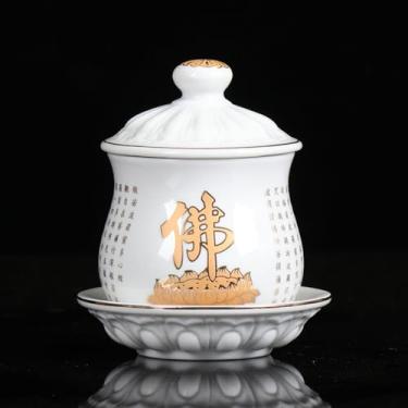 Imagem de FENNYYAR Copo de água de Buda com oferta de cerâmica, copo de água benta Sutra Coração de lótus de 9,5 cm