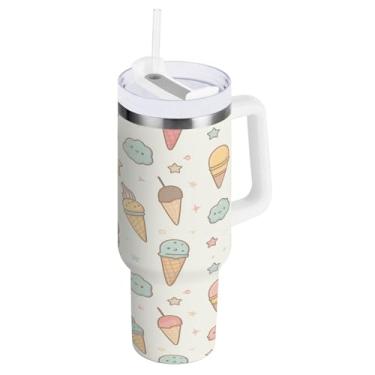 Imagem de Blueangle Copo isolado de 850 g com alça e tampa de canudo - Caneca de viagem de aço inoxidável à prova de vazamento, garrafa de água com padrão de sorvete a vácuo de parede dupla (600)