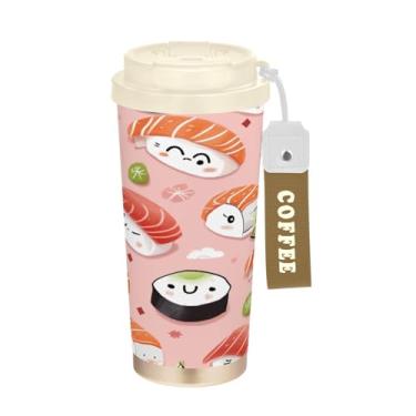 Imagem de Blueangle Caneca de café com isolamento térmico Sushi Kawaii - Copo de aço inoxidável à prova de derramamento e vazamento para acampamento e ar livre, garrafa de água reutilizável de 500 ml com tampa