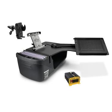 Imagem de AutoExec Reach Desk Banco traseiro lado esquerdo para sua estação de trabalho de veículo e escritório móvel, preto, com inversor de potência de 400 watts, suporte para tablet e clipe de ventilação de