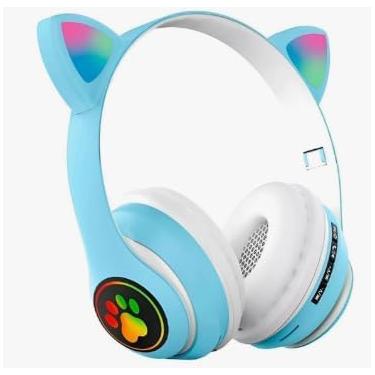 Imagem de Fone Bluetooth de Gatinho com Luz LED – Headset Dobrável, Chamadas Viva-Voz, Cartão SD e Recarga USB(AZUL)