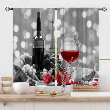 Imagem de Cortinas de cozinha de vinho tinto, rústico romântico rosa floral país dia dos namorados casa de fazenda uva copo de vinho retrô vintage café cortina de janela para sala de jantar quarto sala de estar